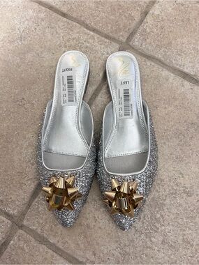 ANTONIO MELANI Silver Glitter Pointed Mules with Gold Bow